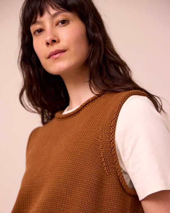 model wears tyler tobacco knitted vest