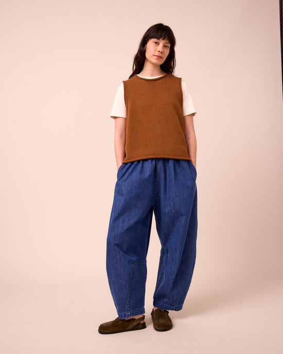 model wears tyler tobacco knitted vest