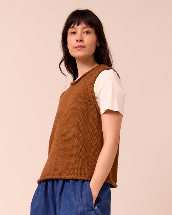 model wears tyler tobacco knitted vest