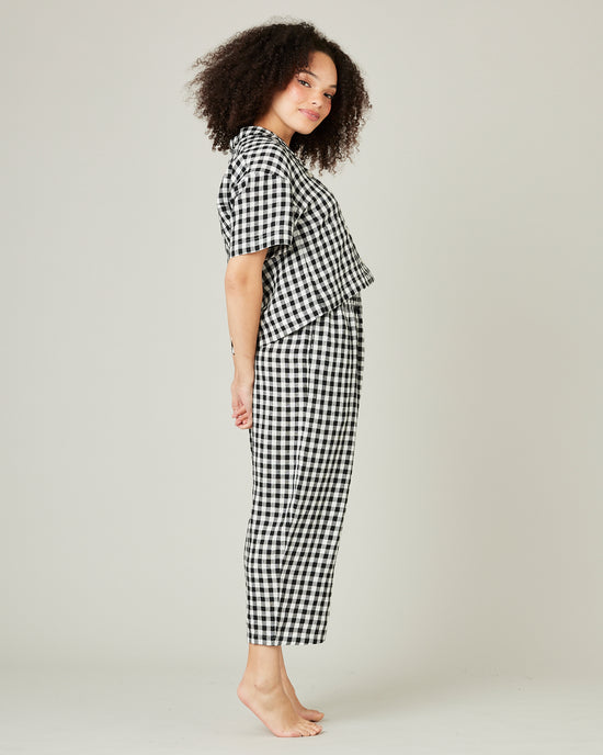 model wears black and white gingham linen pj top 