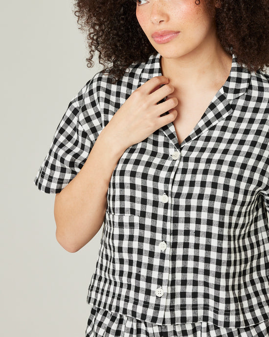 model wears black and white gingham linen pj top 