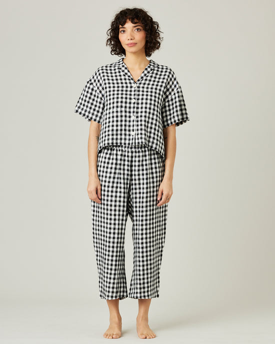 model wears black and white gingham ultimate pj linen trousers