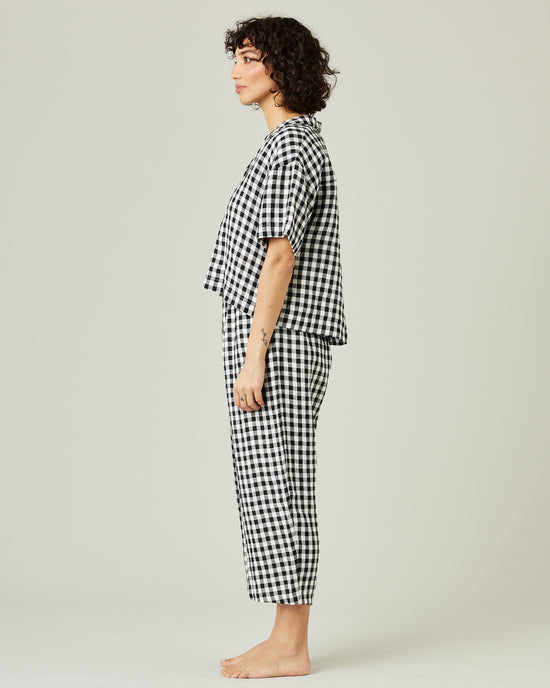 model wears black and white gingham ultimate pj linen trousers