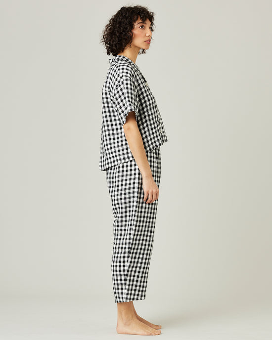 model wears black and white gingham ultimate pj linen trousers