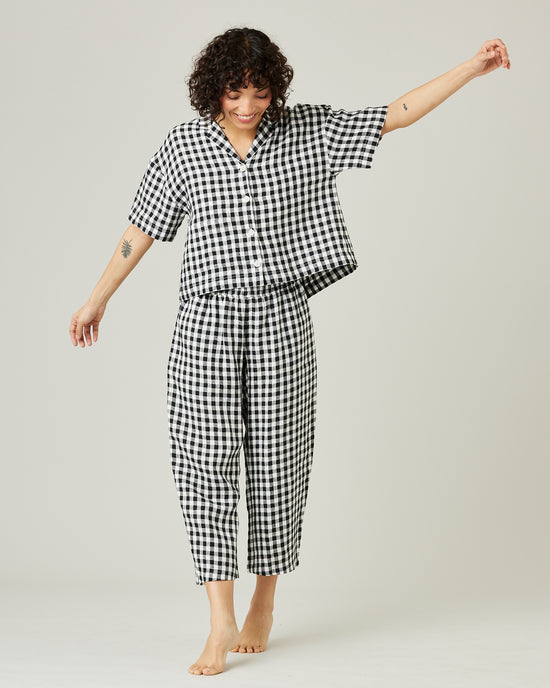 model wears black and white gingham ultimate pj linen trousers