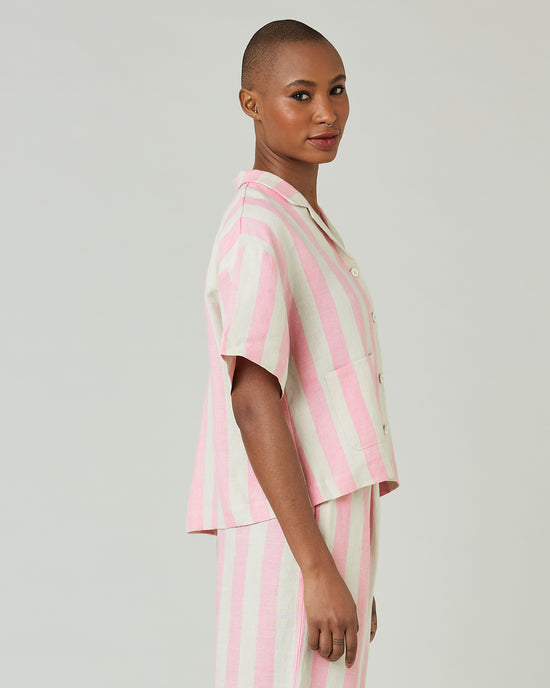 model wears pink and ecru stripe ultimate pj top 