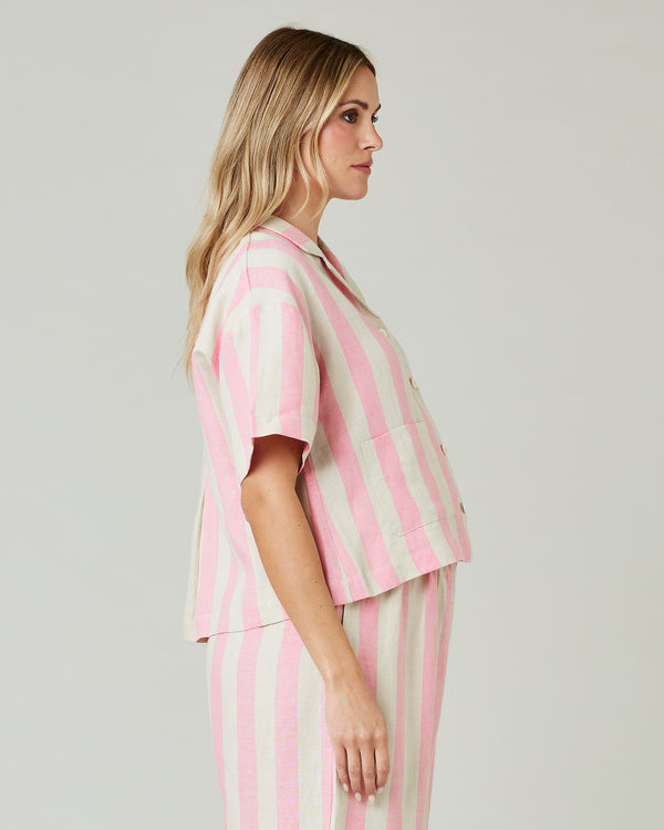 pregnant model wears pink and ecru stripe ultimate pj top 