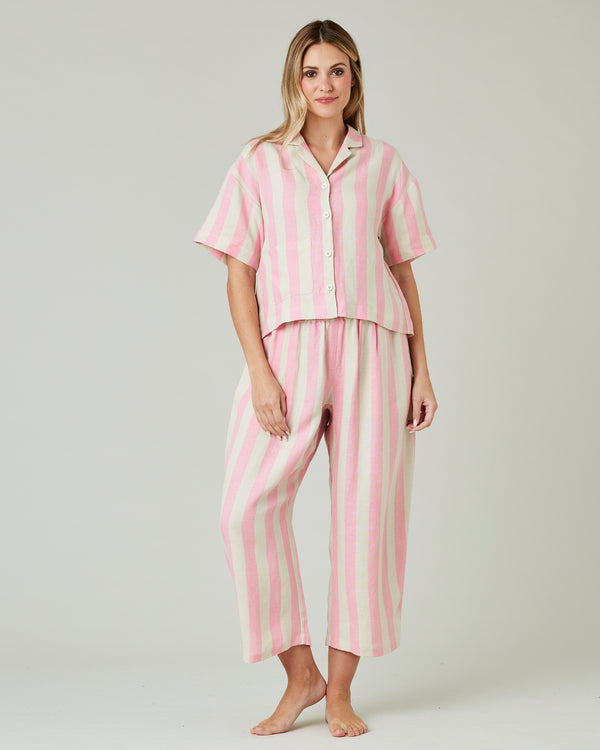 pregnant model wears pink and ecru stripe ultimate pj top 