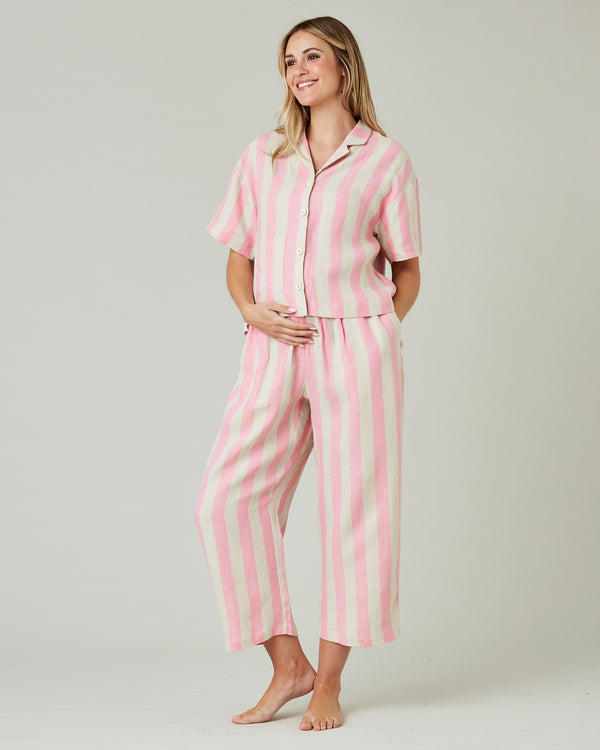 pregnant model wears pink and ecru stripe ultimate pj top 