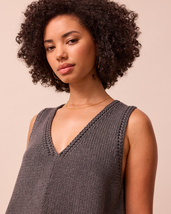 model wears vita fog knitted vest