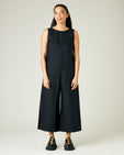 model wears black linen vivienne jumpsuit