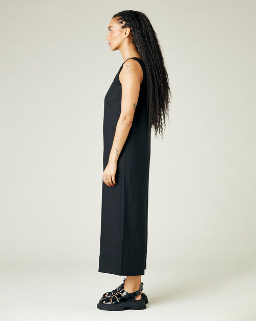 model wears black linen vivienne jumpsuit