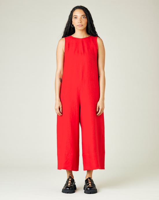 model wears red linen vivienne jumpsuit