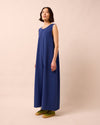 model wears vivienne french navy jersey jumpsuit