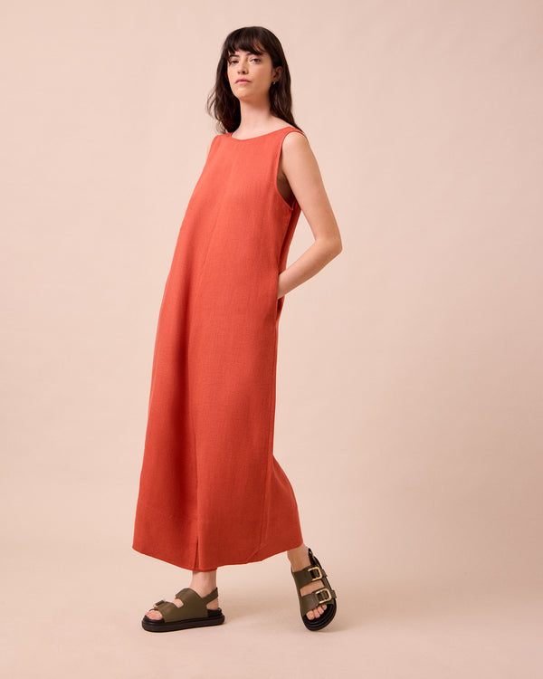 model wears vivienne burnt orange linen jumpsuit