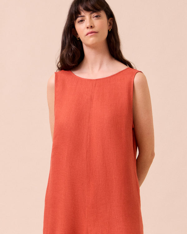 model wears vivienne burnt orange linen jumpsuit