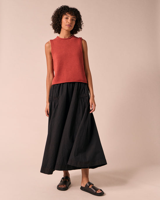 model wears willow black poplin skirt