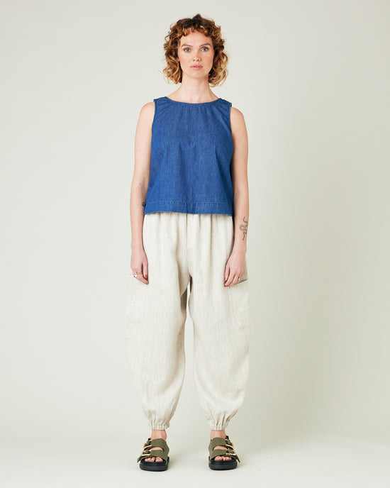 model wears natural linen yoli trousers