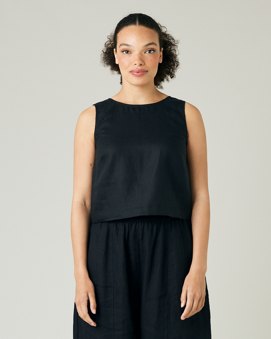 model wears black linen esme top