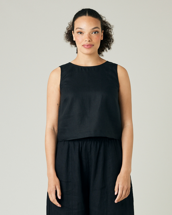 model wears black linen esme top