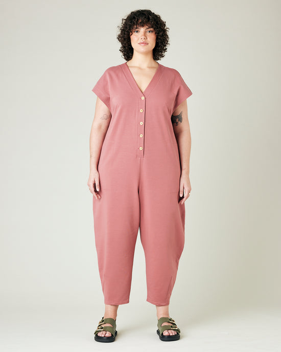 model wears dusty pink jersey frankie jumpsuit