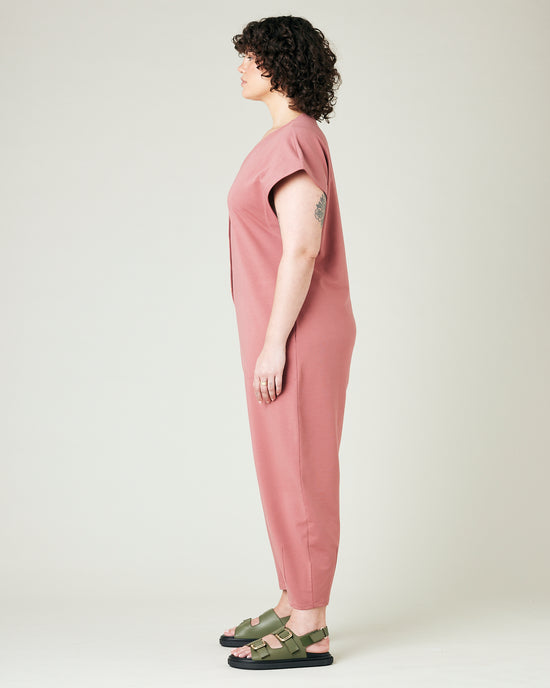 model wears dusty pink jersey frankie jumpsuit