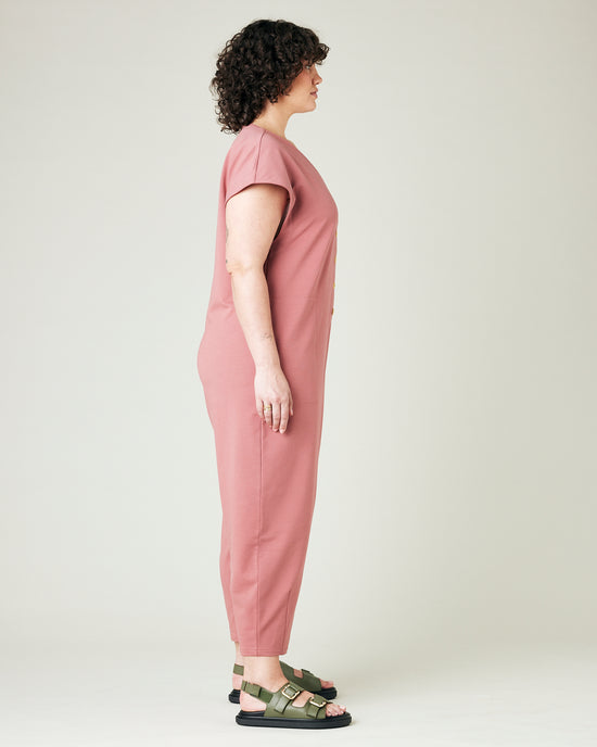 model wears dusty pink jersey frankie jumpsuit