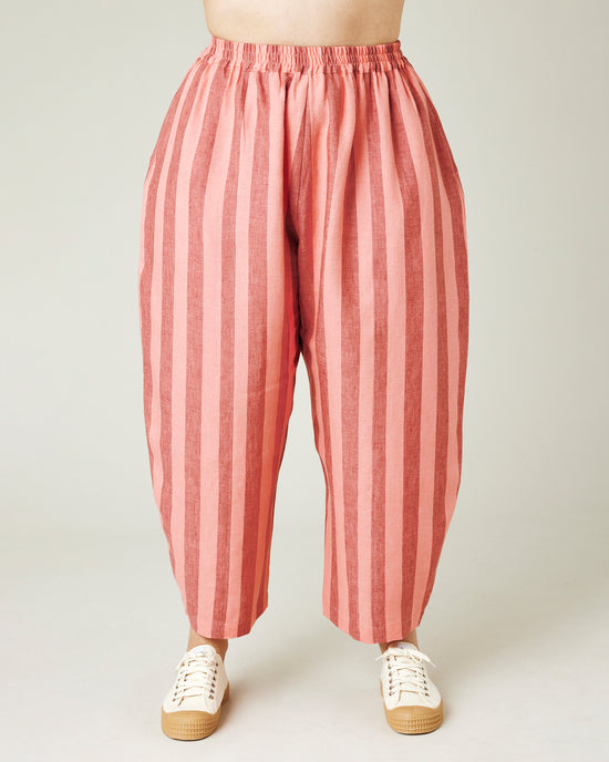 model wears blush stripe mabel trousers