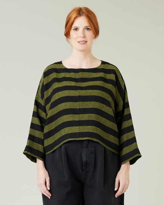 pregnant model wear olive and black stripe linen lily top