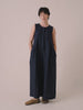 model wears tula navy linen jumpsuit