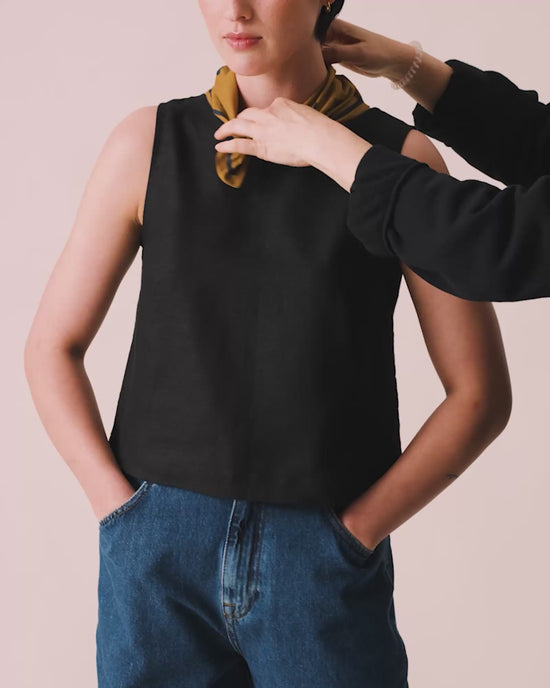 model wears toffee spotted neckerchief