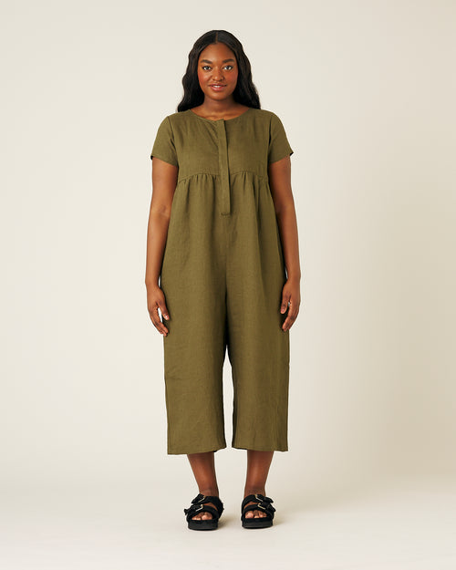 model wears khaki sahara jumpsuit