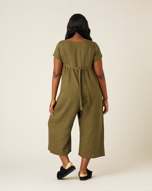 model wears khaki sahara jumpsuit