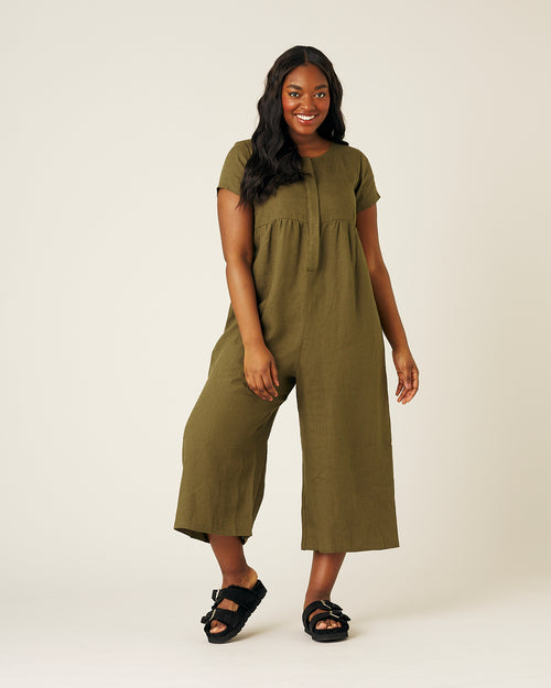 model wears khaki sahara jumpsuit