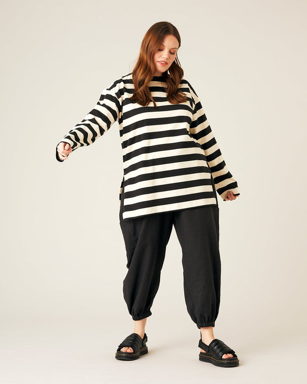 model wears black linen yoli trousers