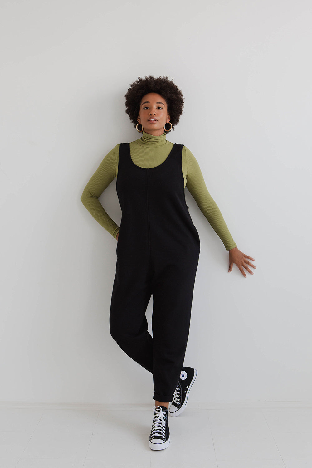 model wears black laura jumpsuit