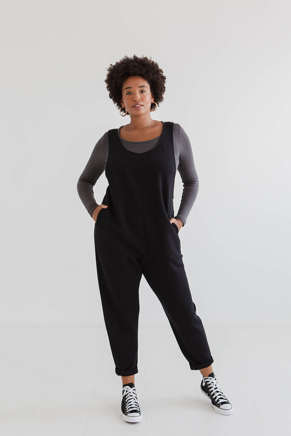 model wears black laura jumpsuit