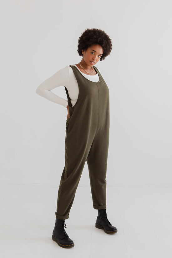 model wears khaki laura jumpsuit