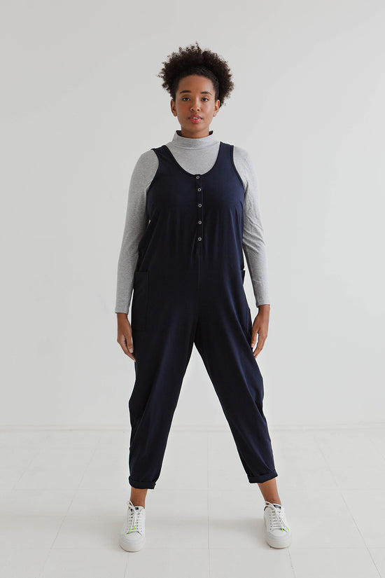 model wears might ight navy jersey poppy jumpsuit