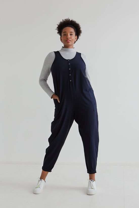 model wears might ight navy jersey poppy jumpsuit