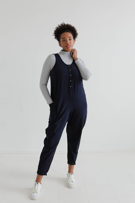 model wears might ight navy jersey poppy jumpsuit