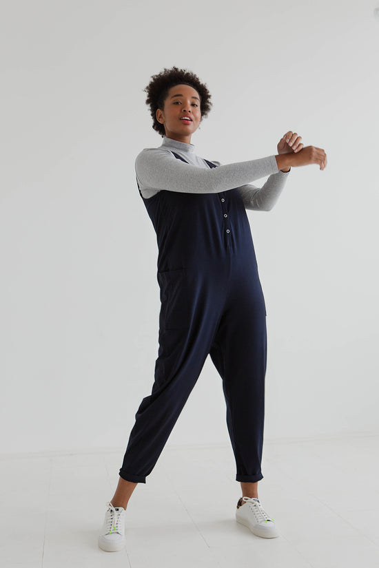 model wears might ight navy jersey poppy jumpsuit